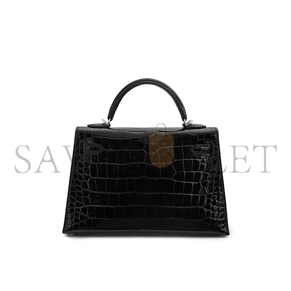 H**mes master a shiny black alligator mini kelly ii with palladium hardware (19*12*5.5cm)